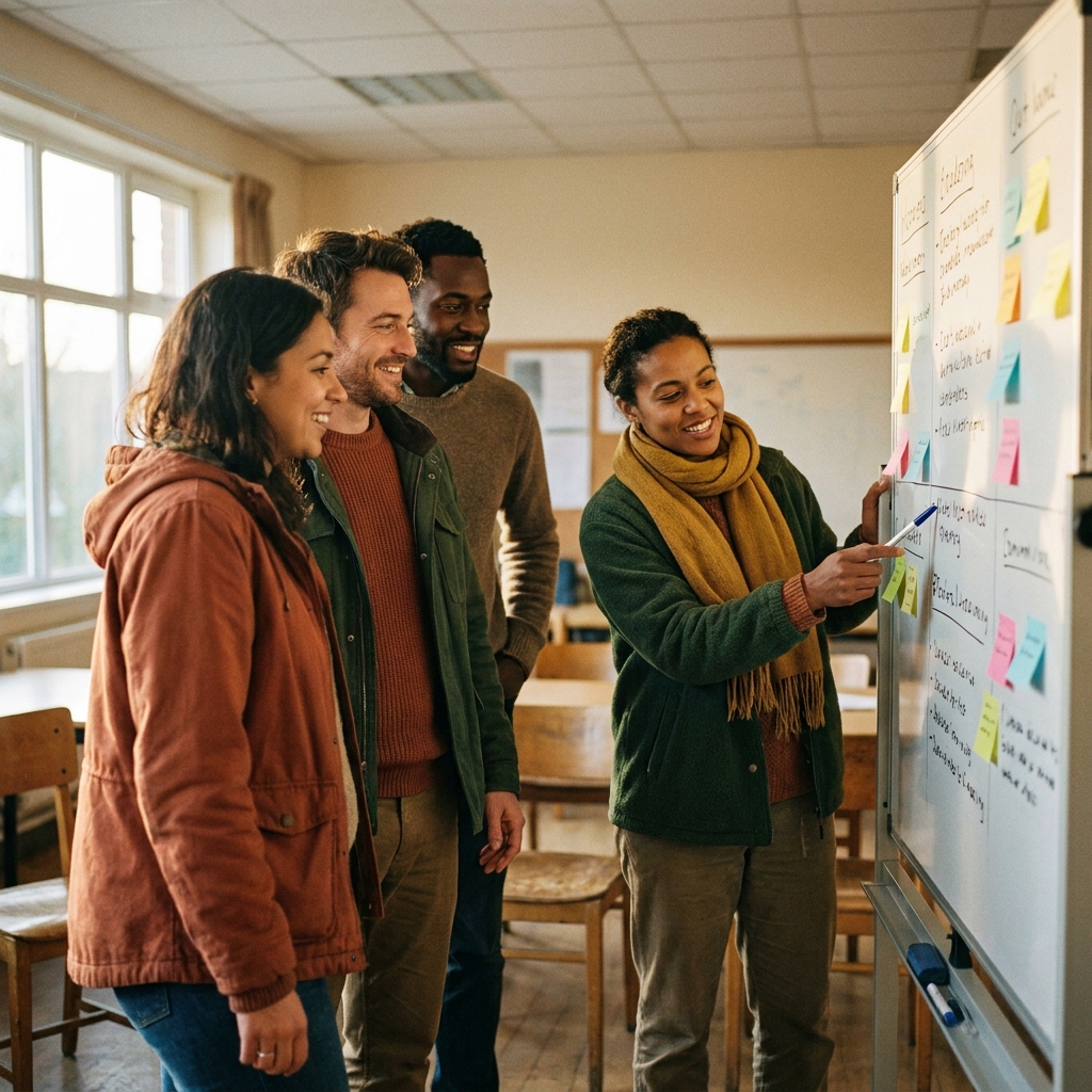 A nonprofit team collaborating around a whiteboard with colorful sticky notes in a sunlit community center